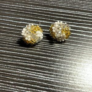 Handmade white, clear, and gold circle earrings.